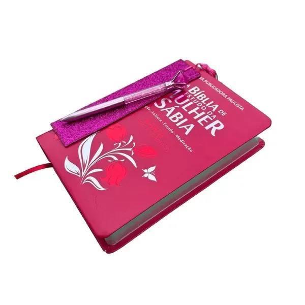 Capa do livro Bíblia de Estudo da Mulher Sábia Pink Capa Dura com Caneta Glitter
