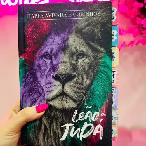 Capa do livro Bíblia Sagrada Leão de Judá Colorido com Harpa e Abas